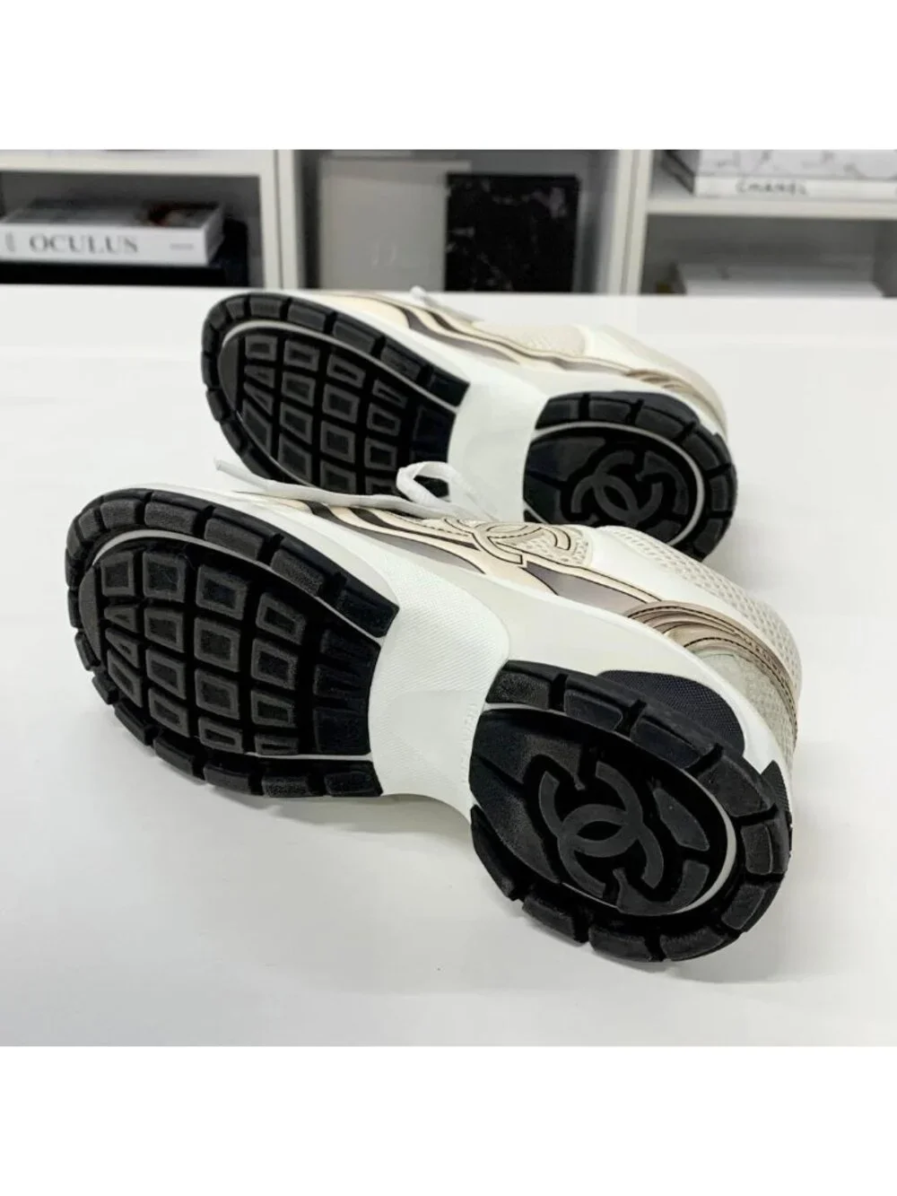 Chanel CC Logo Mesh Leather Sneakers Beige